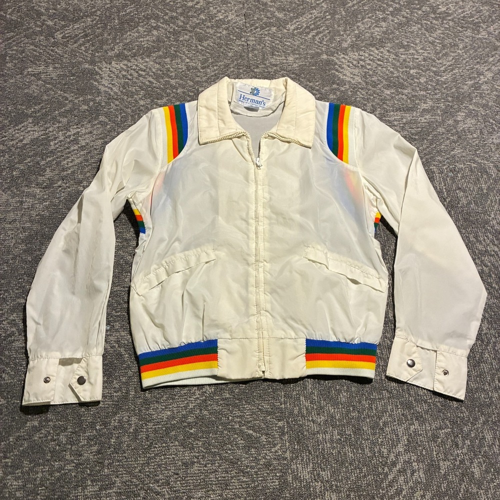 Vintage Herman's World Sporting Goods Windbreaker White Rainbow Sm